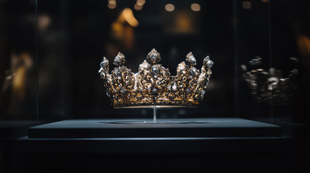 An exquisite golden crown is elegantly displayed in a museum setting, showcasing intricate design details and luxurious craftsmanship in soft lighting.の素材
