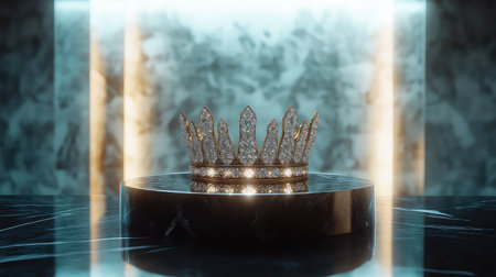 This stunning image features a beautifully crafted crown displayed on a glossy round base, illuminated with radiant lighting against a textured backdrop, embodying luxury and elegance.の素材