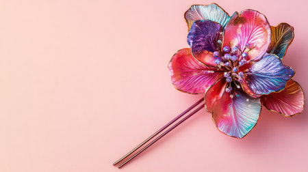 A stunning hairpin featuring a colorful blossom design resting on a soft pink background. This elegant accessory showcases artistry and modern charm, perfect for fashion enthusiasts.の素材