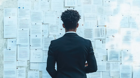 A professional individual stands thoughtfully in front of a wall covered with various documents, representing information gathering and strategic planning.の素材