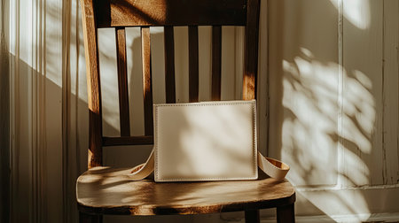 This image captures a minimalist wooden chair featuring an empty canvas, beautifully illuminated by soft sunlight and intricate shadows, creating a serene ambiance.の素材