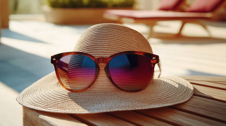 A pair of chic sunglasses elegantly placed on a stylish sun hat, bathed in warm sunlight on a serene outdoor deck, creating a perfect summer vibe.の素材
