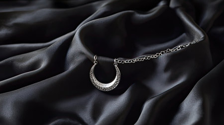 This stunning silver crescent moon necklace features sparkling gemstones and rests gracefully on luxurious black satin fabric. Perfect for fashion lovers.の素材