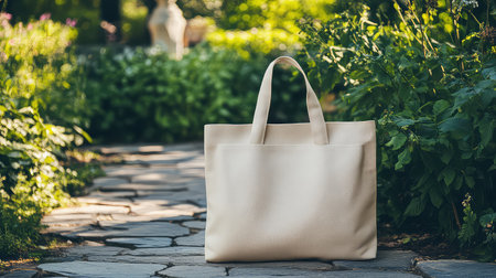 A beautiful cream tote bag sits elegantly on a stone path, surrounded by lush greenery, embodying minimalist design and summer charm. Ideal for various outings.の素材