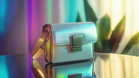 A stylish metallic handbag positioned on a reflective surface, illuminated by vibrant lights, showcasing a modern and chic interior with a touch of elegance.の素材