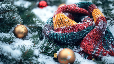 This beautiful stock photo captures a cozy knitted scarf resting on snowy pine branches adorned with shiny Christmas ornaments, evoking a warm festive spirit.の素材