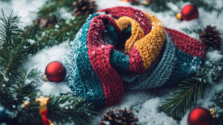 This image features a cozy knitted scarf in vibrant red, green, and yellow, nestled in a winter landscape with pine branches, festive ornaments, and snow.の素材