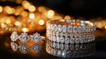 Discover a stunning collection of elegant jewelry featuring sparkling rings and bracelets, beautifully arranged on a shimmering surface, exuding luxury and style.の素材