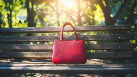 A striking red handbag rests on a wooden bench amidst lush green trees. The warm sunlight creates a serene atmosphere, highlighting the bag's elegance.の素材