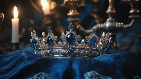 An enchanting display of an elegant crown adorned with blue gems, resting on luxurious fabric, beautifully illuminated by soft candlelight.の素材
