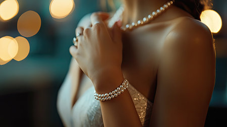 A stunning close-up of a woman gracefully showcasing her exquisite pearl jewelry, illuminated by dreamy lights that create a romantic atmosphere.の素材