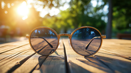 A pair of stylish round sunglasses rests on a wooden table, capturing the essence of summer days. The glow of sunlight reflects off the lenses, creating a serene atmosphere.の素材