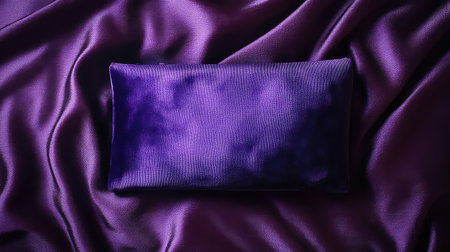 This elegant image showcases a luxurious purple satin fabric paired with a stylish purse, set against a soft velvet background. The rich texture invites exploration.の素材