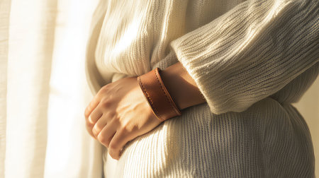 A close-up view of a woman's hand resting on her waist, adorned with a simple brown leather bracelet. The oversized knit sweater adds a cozy feel to the scene, highlighted by soft, natural light coming from the window. The composition showcases a minimalist yet stylish approach to casual fashion.の素材