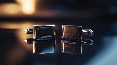 Stunning pair of silver cufflinks displayed on a dark reflective surface, perfect for formal attire and fashion photography, showcasing elegance and style.の素材
