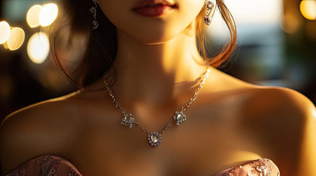 A stunning close-up captures a woman showcasing a beautifully crafted necklace and matching earrings, enhanced by soft, warm lighting that highlights elegance.の素材