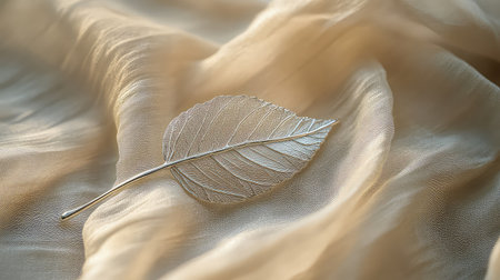 A beautifully crafted silver leaf rests on a soft, elegant fabric background, showcasing intricate details and textures, ideal for artistic presentations.の素材