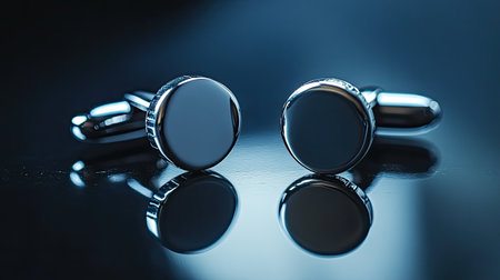Elegant silver cufflinks feature a polished surface that reflects light beautifully against a dark backdrop, ideal for enhancing men's formal outfits.の素材