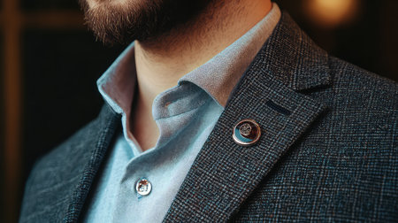 A well-dressed man showcases a stylish blazer with unique button detail and a refined shirt, epitomizing modern fashion and elegance in a close-up shot.の素材
