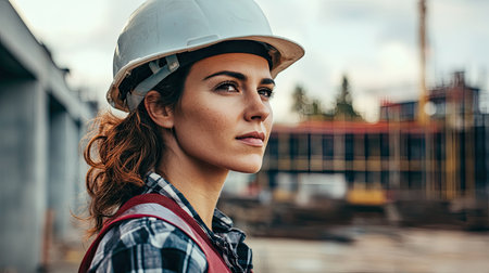 A confident female construction worker in a hard hat gazes into the distance at a construction site, symbolizing strength and determination in the industry.の素材