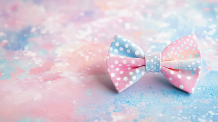 This image features a colorful polka dot bow tie resting on a soft pastel background. The playful colors and textures create a charming visual, ideal for showcasing fashion accessories or decorations in children's events.の素材