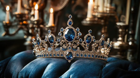 A captivating silver crown adorned with blue gemstones, elegantly displayed on plush blue velvet. Candlelight enhances the regal aura, making it perfect for royalty-themed visuals.の素材