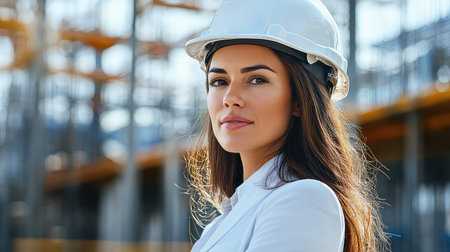 A confident female engineer wearing a hard hat stands proudly at a construction site, showcasing professionalism and dedication to her work in urban development.の素材