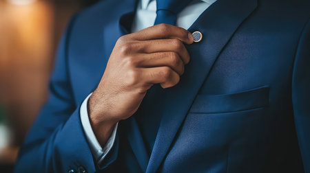 A sophisticated businessman in a dark suit and blue tie adjusts his lapel pin, showcasing elegance and confidence in a warm indoor setting.の素材