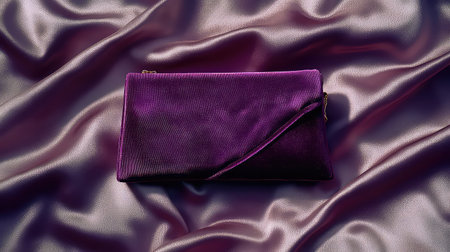 A stunning purple velvet clutch rests elegantly on satin fabric, showcasing a luxurious texture and glossy finish for a sophisticated look.の素材
