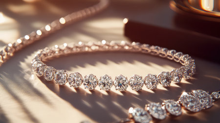 A beautiful diamond necklace elegantly displayed, showcasing its intricate design. The soft background and warm light highlight the luxurious sparkle and texture, perfect for fashion enthusiasts and jewelry lovers.の素材