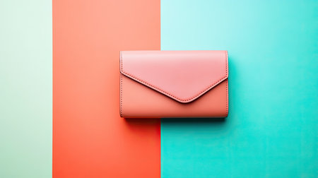 A chic pink wallet elegantly placed on a colorful coral and teal background. Ideal for fashion and accessories themed images, showcasing modern minimalism.の素材