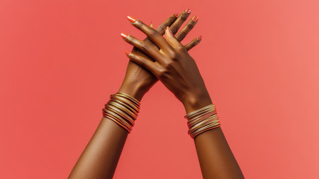 This captivating image features elegantly posed hands adorned with colorful bangles, set against a vibrant pink background, highlighting the beauty of fashion and accessory design.の素材