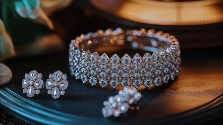 A stunning presentation of elegant jewelry, showcasing a diamond bracelet and matching earrings. Perfect for highlighting luxury and fashion aesthetics.の素材
