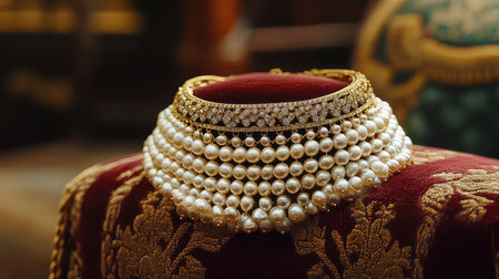 This stunning necklace features multiple strands of lustrous pearls enhanced by intricate gold detailing. Perfect for capturing the essence of luxury.の素材