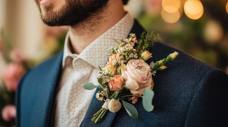 A dapper groom showcases a stunning flower boutonniere against a sophisticated suit, set in a romantic wedding atmosphere with charming decorations and soft lights.の素材