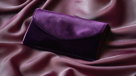 A stunning purple velvet clutch rests elegantly on a rich satin fabric background, showcasing refined artistry and luxurious appeal for fashion enthusiasts.の素材