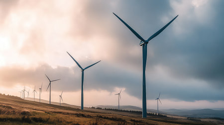 A breathtaking view of wind turbines standing tall against a stunning sunset sky. The dramatic clouds enhance the serene landscape, highlighting renewable energy.の素材