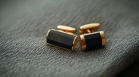Discover a stunning pair of elegant black and gold cufflinks resting on a soft textured fabric, ideal for enhancing sophisticated menの素材