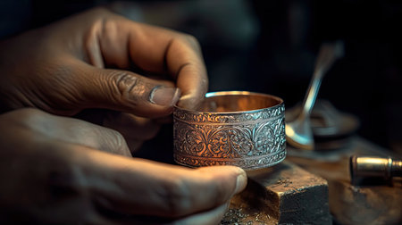 A close-up image showcasing a skilled artisan's hands carefully crafting a unique silver bracelet with ornate designs in a workshop environment.の素材