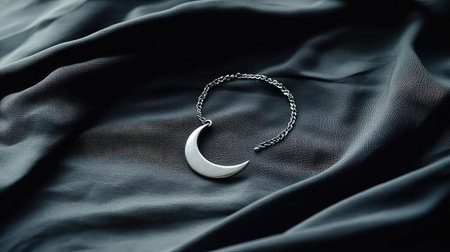 This image features a beautifully crafted silver crescent moon necklace resting on a soft dark fabric background, perfect for showcasing jewelry design and elegance.の素材