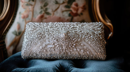 This stunning evening clutch features intricate embroidery adorned with pearls and gems, showcasing elegance and sophistication, perfect for formal events.の素材