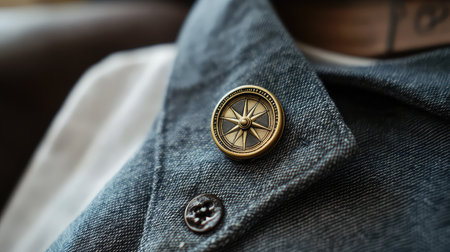 This close-up image features a golden compass pin on a textured denim vest, showcasing classic design elements and detailed craftsmanship. Perfect for fashion enthusiasts.の素材