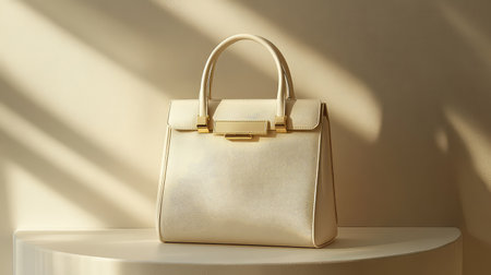 A stylish cream handbag rests elegantly on a minimalist surface, surrounded by soft natural shadows that enhance its luxury aesthetic. Ideal for fashion photography.の素材