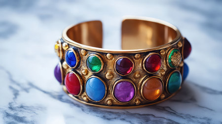 Beautifully crafted vintage bracelet featuring a mix of colorful gems and gold detailing, resting elegantly on a marble surface. A perfect fashion accessory.の素材