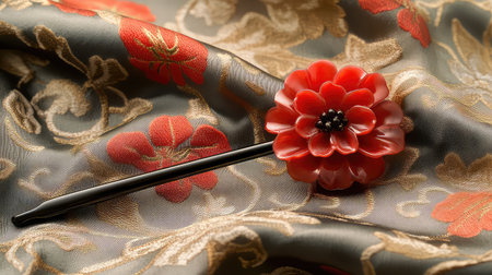 A beautifully crafted red flower hairpin elegantly rests on a luxurious fabric with floral patterns, showcasing intricate design and vibrant tones.の素材