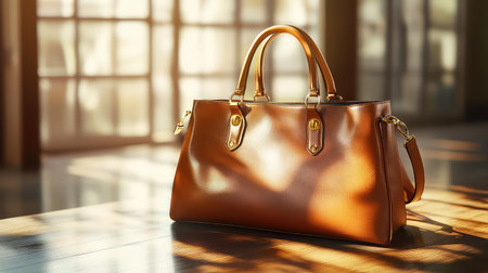 A stunning brown leather handbag showcased on a wooden table, illuminated by soft, warm light in an elegant interior setting. Ideal for fashion enthusiasts.の素材