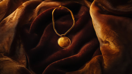 This exquisite gold necklace features a round pendant, beautifully resting on rich brown satin fabric, creating an appealing visual for fashion or jewelry photography.の素材