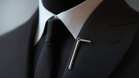 This detailed close-up showcases a silver tie bar elegantly positioned on a black suit, perfectly complementing a crisp white collar, ideal for formal settings.の素材