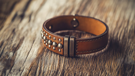This image features an elegant leather bracelet adorned with studs, beautifully placed on a rustic wooden surface, showcasing detailed craftsmanship and style.の素材