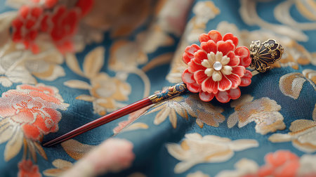 This image showcases an elegant floral hairpin resting on a richly patterned fabric. The vivid colors and intricate design highlight timeless craftsmanship, making it a perfect accessory for fashion enthusiasts.の素材